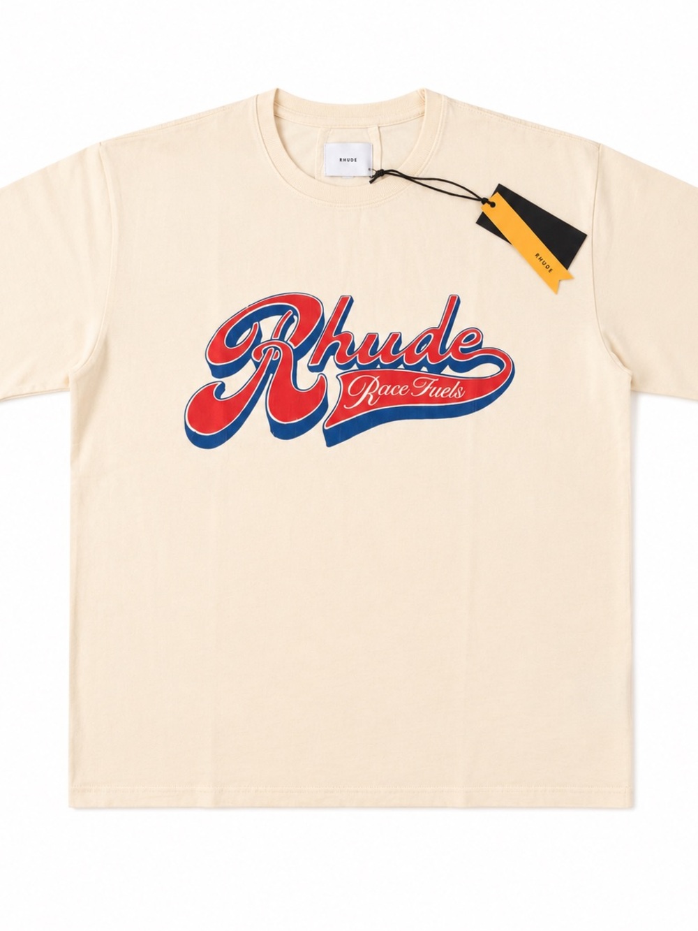 Rhude Cream Tee with Red and Blue Script Logo
